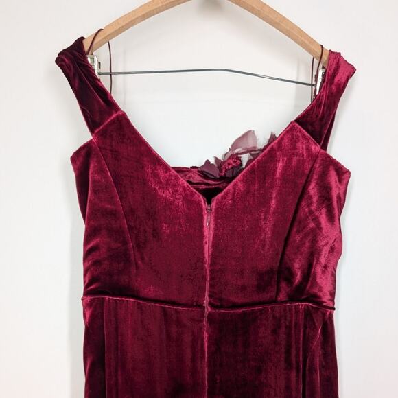 Marchesa Off The Shoulder Floral Appliqued Velvet Gown Burgundy Red Size 10 - Picture 7 of 16
